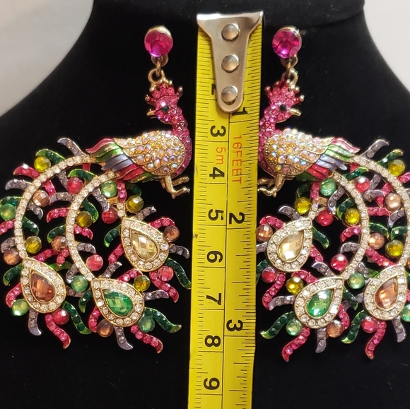 Large Beautiful Rhinestone Peacock Statement Earrings - Picture 8 of 12